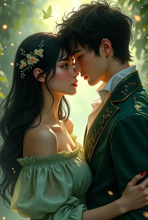 a young girl and a young boy, in their twenties, from fantasy world, she has jet black hair and green eyes, they are in love