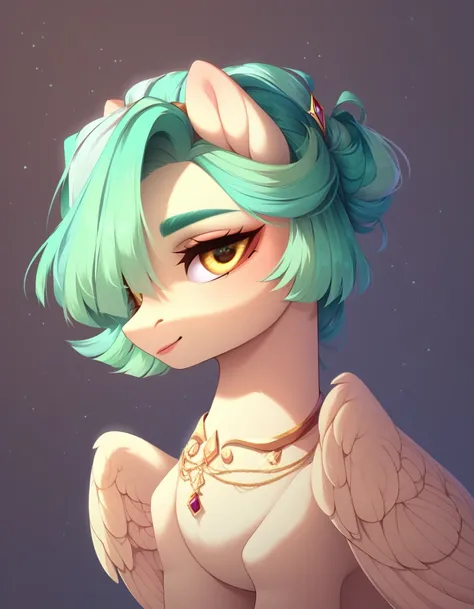 (work of art, Maximum quality, best qualityer, offcial art, beautiful and aesthetic:1.2), A pony with a long light green mane, long straight light green hair, Caucasian skin, gold eyes, pegasus wings.