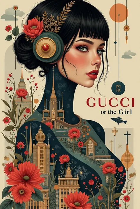 Create a creative arts design, inspired by the art of Moebius using a collage technique with the words "Gucci or The Girl" written within it