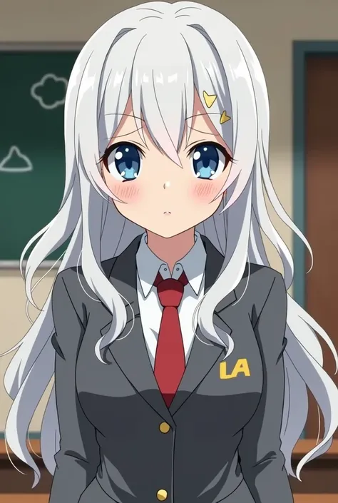 Screenshot my hero academia a girl with long wavy layered hair light white with black highlights . With blue slanted eyes, wearing her UA school uniform ( gray jacket with red tie) being in a classroom 