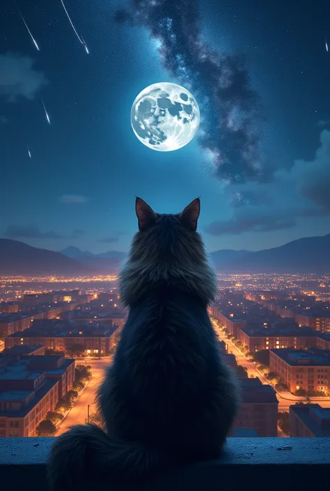 A Mainecoon cat in a roof top of a house, stares in to the distance, the beautiful sub urban city view, vibrant rown lamps, with hills and mountains in background, starry night with beautiful Milky Way belt, subtle nebulae, trails of comet or meteor in the...