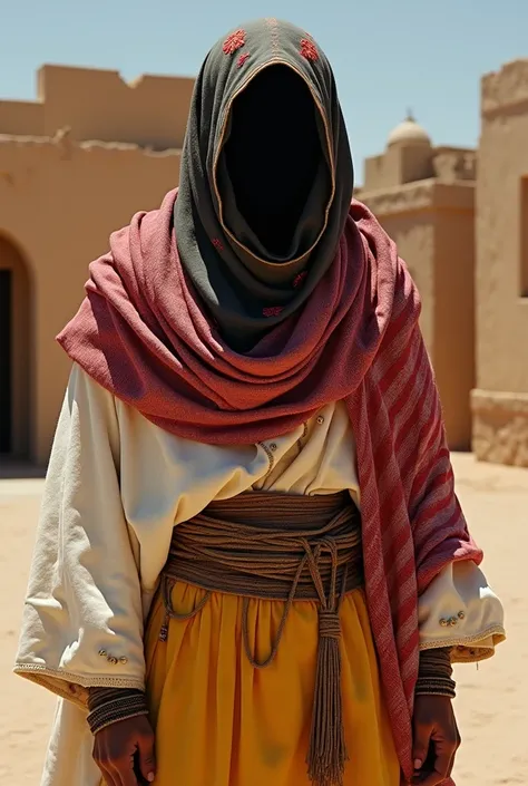 wearing: white woolen cloak, red striped shawls of Qatari origin wrapped around his shoulders, headgear of fine cloth, wearing a yellow loincloth, covering his shoulders with a flowery black shawl, face not seen bacause of sunlight