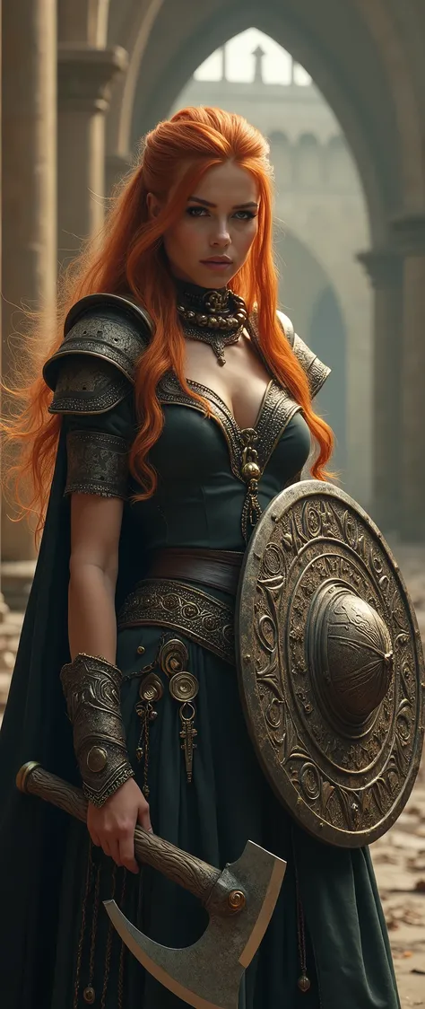 a supermodel cocksure and self-confident female warrior, vibrant and lush, with smooth long ginger hair, in a dynamic battle pose, with Viking axe and norse shield DJ DJing in odins hall on dj decks with norse symbols ruins hyper-realistic, 4k, 16k, ultra-...