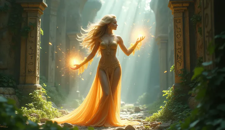 A stunning goddess with flowing golden hair, wearing a revealing, glittering gown that clings to her curves. She stands in the center of ancient stone ruins, her body bathed in a soft, ethereal light. Her arms are raised gracefully as if shes casting a spe...