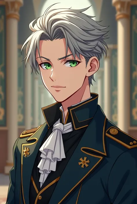 Anime, handsome, cool, young guy, grey hair, pretty green eyes, prince