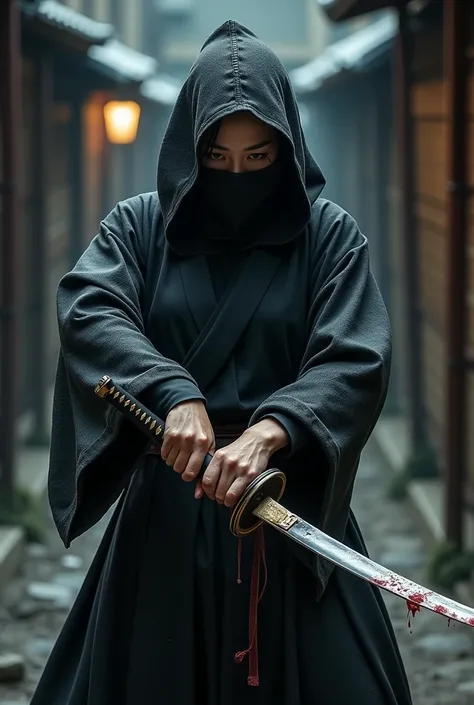 Japanese female assassin wearing a cloth mask and holding a katana beheads her enemy