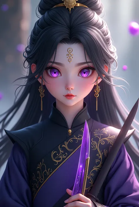 Most beautiful 6 yo xianxia female protagonist,cold face,light black dominant and silver undertone long hair ,golden purple eyes,use majestic garmen with black purple dominant fillamen,silver pattern clothes,face detailed,lips detailed,thin red lips,golden...