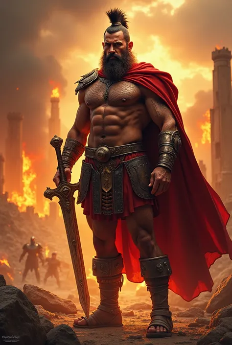 
Here is a sentence to create an image of a Spartan king:

"Standing tall amidst the blazing ruins of a conquered city, the mighty Spartan king, Leonidas, rises like a colossus, his rugged, battle-hardened face set ablaze with fierce determination, his pie...