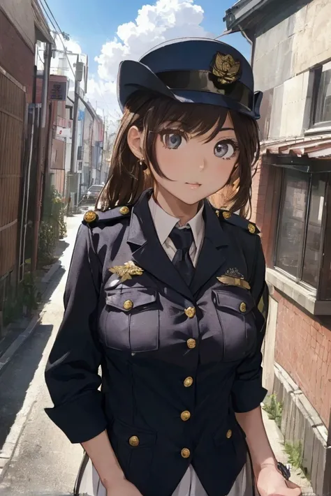 (ultra highres、ultra quality、Masterpiece、8k、),A girl with light  hair drawn in high resolution policewoman.japannse police woman、Young and cute 、Asian woman,s hot, Japanese Model, Cute Core,  , Chubby 、(big breast)、Town、Fluffy white blouse