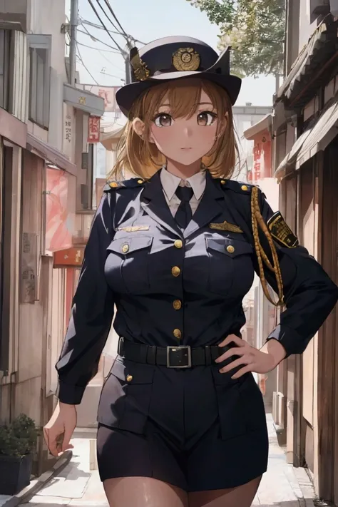 (ultra highres、ultra quality、Masterpiece、8k、),A girl with light  hair drawn in high resolution policewoman.japannse police woman、Young and cute 、Asian woman,s hot, Japanese Model, Cute Core,  , Chubby 、(big breast)、Town、Fluffy white blouse