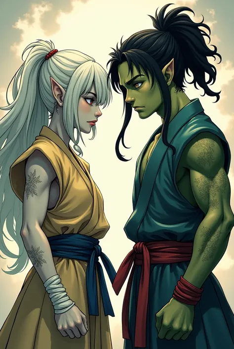 A young half-orc woman, light grayish green skin, thin and short, medium white hair, with clothing similar to that of a martial artist, with some bandages on his hands, and beside him a tall, handsome young half-orc man with very dark green skin, with curl...