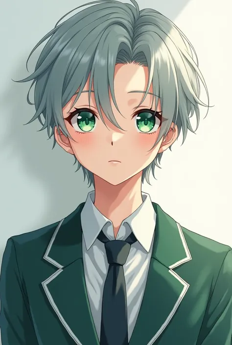 Anime, handsome, emerald green eyes, grey hair, shy, school uniform