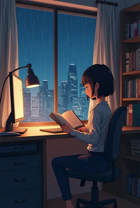 "Create an anime-style illustration of a young girl sitting by a window, reading a book with a cozy and inviting atmosphere. The scene is set in a modern Tokyo apartment with a desk and computer next to the window. The girl should have a calm and focused e...