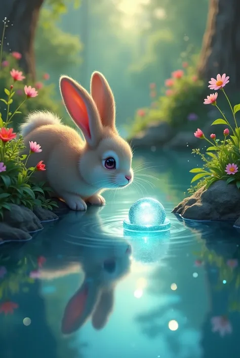 rabbit approaching a shining object in water cartoon style