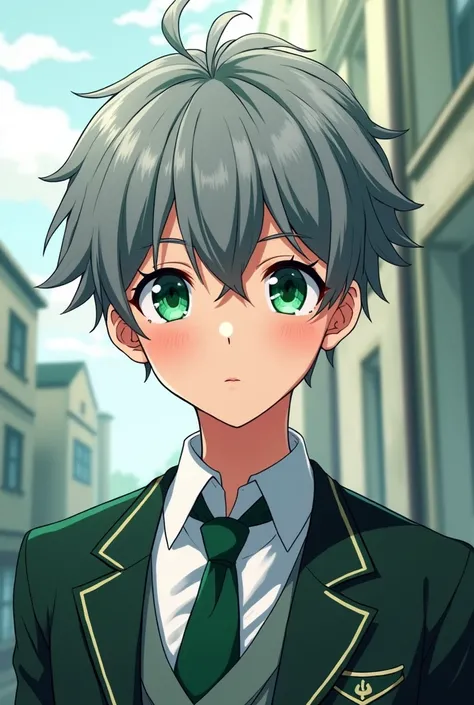 Anime, handsome, very cool, gorgeous, teenager, green eyes, grey hair, shy, school uniform, upper class