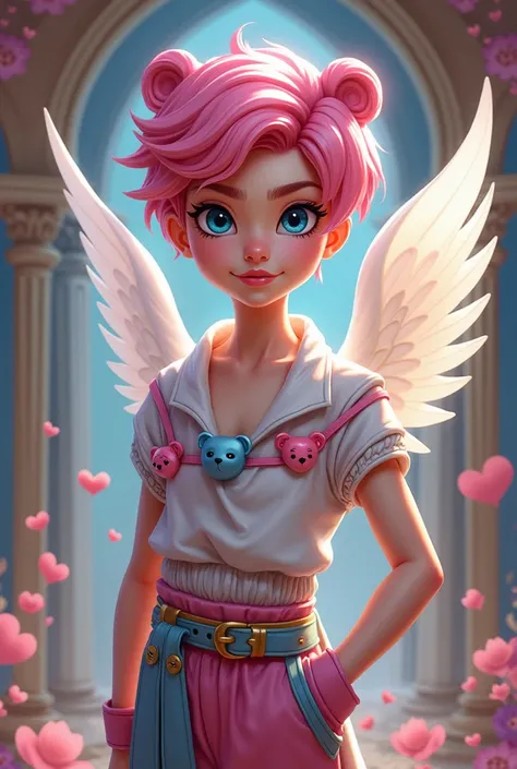 Image of C&#39;s son.A Cupid e da Blondie Lockes de Ever After High: A teenage boy, blue colored eyes, pink  hair, Caucasian skin, white cupid wings, bow and arrow, Ancient Greek gods style clothing in white color, pink and blue with bear elements on the c...