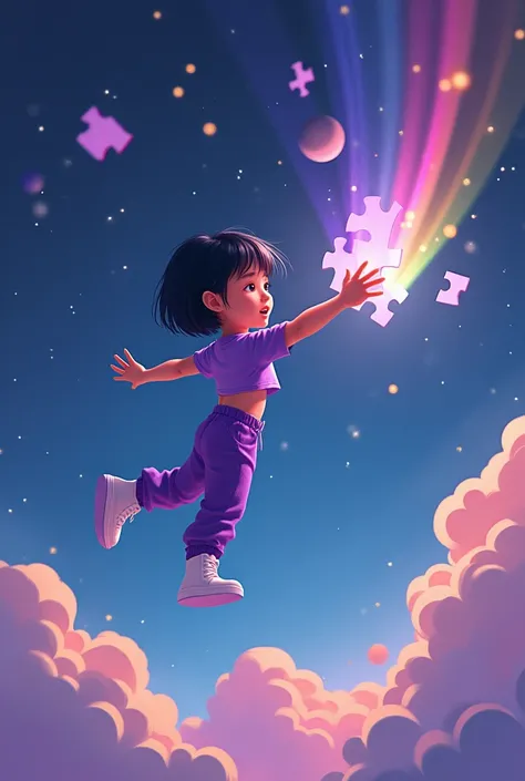 short black hair 10 year old Girl in a purple crop top Shirt and purple pants and white high cut shoes Floating in space playing Puzzle and rainbows