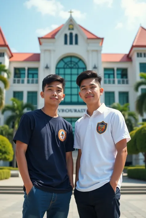 Make a two boy standing, the one is wearing an college of engineering shirt and the one is wearing Home science and industry as their chosen department. The background is in front of therir university: Central Luzon state university 