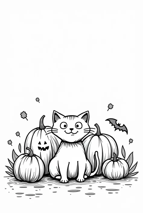 a cat，Halloween，pumpkin，Line Art，Cartoon，Black and White
