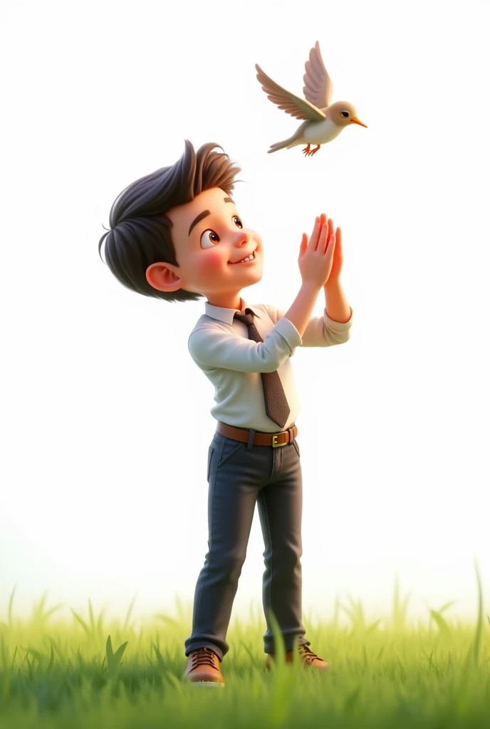 white background,little smart boy,wearing smart suit,standing on grass,raising his hands to the little bird,little bird flying,cute boy smiling