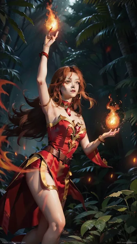 a woman in a red and yellow dress, wizard, floating fire, forest, night, dark, beautiful lighting,