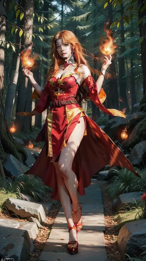 a woman in a red and yellow dress, wizard, floating fire, forest, night, dark, beautiful lighting,