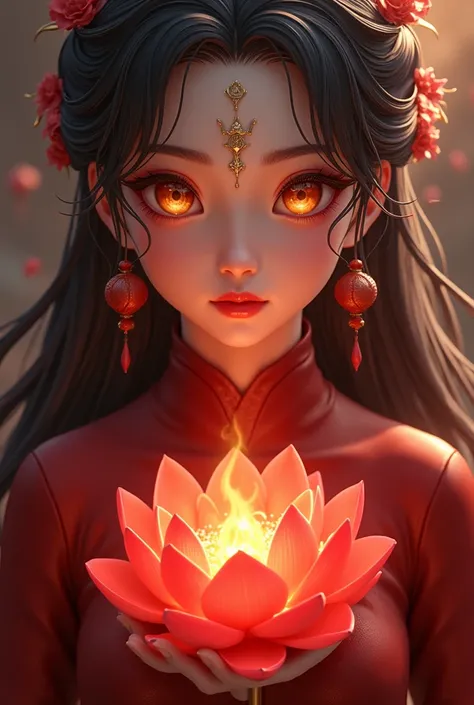 Most beautiful  6 Yo xianxia female protagonist,cold face,red dark dominant fillamen and silver undertone long hair ,golden fiery eyes,use majestic garmen with dark Crimson red dominant fillamen,tight clothes,big breast,gokden pattern clothes,face detailed...