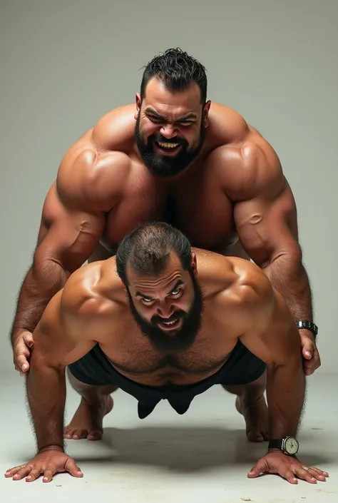 Shirtless hairy man doing push-ups with fat guy on his back with straining gesture pressing and showing teeth and wearing watch on his left wrist 