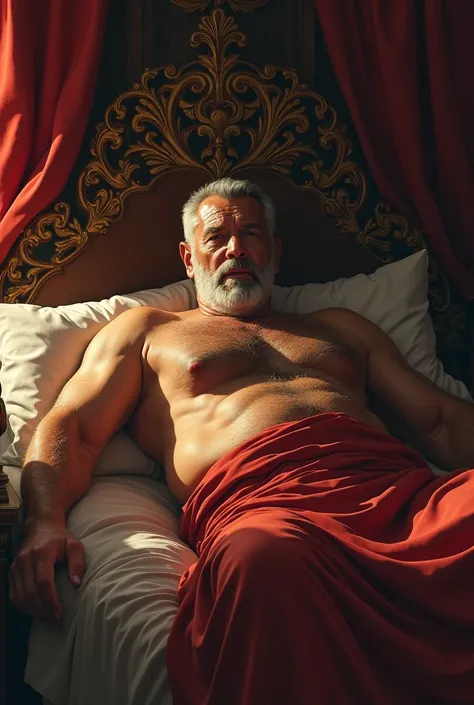 A 50-year-old king wearing only a sarong and with a strong body is sleeping on his bed 