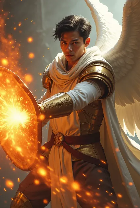 masterpiece, best quality, realistic, ultra detailed, movie poster style, dungeons and dragons paladin character design, celestial, cute bruneian man with round face, soft facial features, muscular, stylish dark hair, majestic white angel wings, homoerotic...