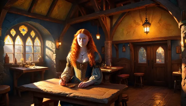 young ginger woman, medieval tale tavern, intricately detailed colorful interior, detailed intense sunrise lightning, best geome...