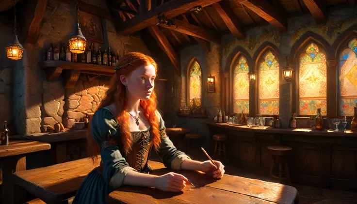 young ginger woman, medieval tale tavern, intricately detailed colorful interior, detailed intense sunrise lightning, best geome...