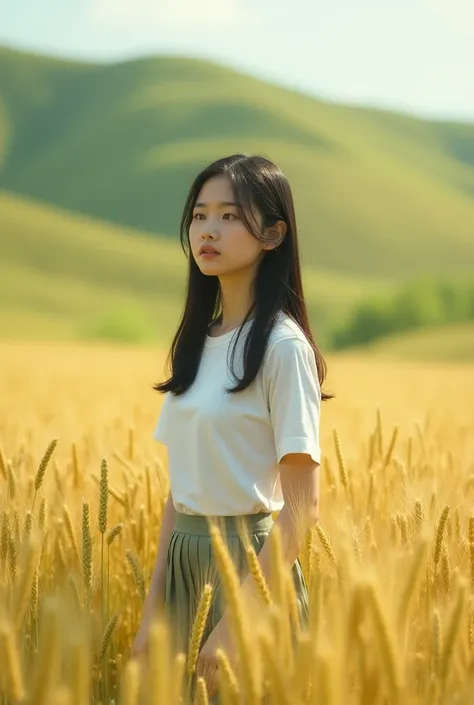 An Asian girl，Wearing a white school uniform top，Green wheat fields，Reality，Realistic Photography