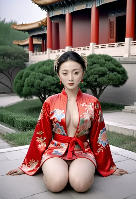 Empress of the Qing Dynasty, Naked woman wearing a red floral Hanfu jacket, Crouching with legs spread, Viewed from the front, Outside the Qing Dynasty Palace