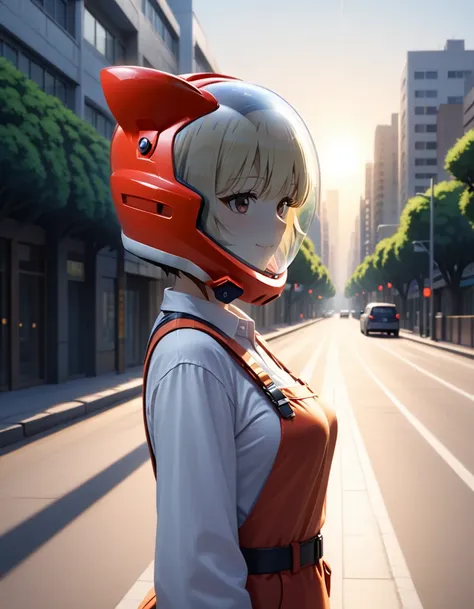 , space helmet ,girl s, 1girl,solo,smile,(short light hair:1.3),standing as a tram passes by in the background of a morning city...