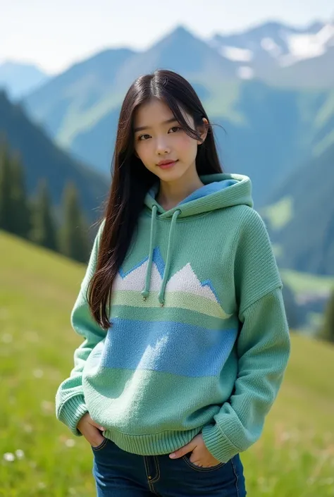 Beautiful Korean girl with clean white skin, well-groomed face, straight black hair, perfect young body, Switzerland, Alaps Valley, light green and light blue knitted hoodie, decorated with Raja Ampat mountain motifs, dark blue jeans, realistic original ph...