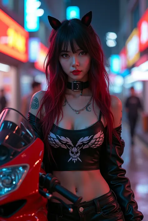 Stunning Japanese Cyberpunk Biker Girl Standing, leaning against his powerful red and black Ducati Panigale V4 motorcycle., bathed in the bright glow of neon and electric lights. Her face is in focus., with extremely detailed features, including long two-t...