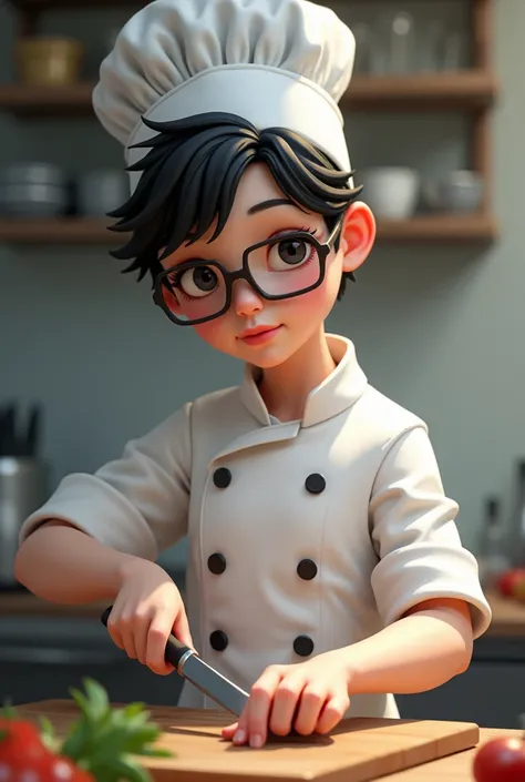 Peeking out from under a pure white chef&#39;s hat、Soft black hair。A calm expression that makes it hard to believe she is 1、Black-rimmed glasses add an intellectual touch。A clean white chef coat、It speaks to the confidence of a young genius.。Sharp jawline、...