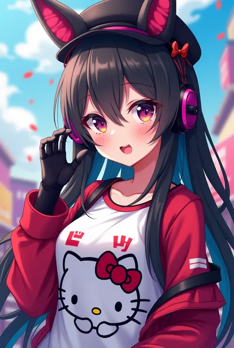 An anime girl with a black kuromi hat and a hellokitty red and white shirt with long black hair and red and black headphones and black and purple gloves 