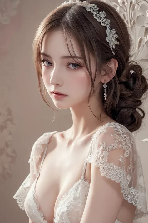 (see-through, lace:1.3), full slip, NUDE, nipple, Large Breasts, (((Very elegant and beautiful, Perfect detail, Very detailed))), whole body, Most detailed, Written boundary depth, 美しく詳細なwhole body, Thin legs, 30 years old, Gray and silver hair, Beautiful ...