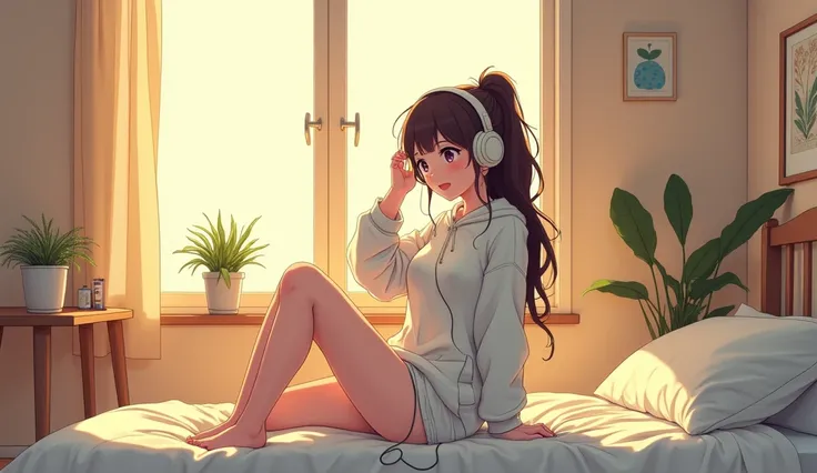 morning、Listen to music in the room、high school girl、Big Breasts、 Sweatshirt、relax、Showhair、Use headphones, Bright environment、2D-style animation, Lo-Fi、Retro、Anime style illustrations、Line art with clear outlines