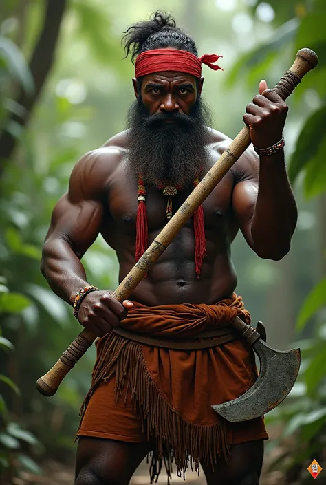 An Alifuru tribe man wearing a red cloth headband, holding my machete and my salawa 