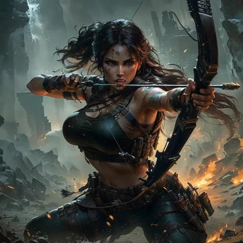 картина женщины with bow and arrow в руке, The Tomb Raider is beautiful, style Raymond Swanland, with bow and arrow, portrait of Lara Croft, красивая female warrior, inspired by Raymond Swanland, Amazing character art, epic exquisite character art, 4k fant...