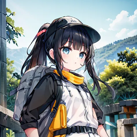 High resolution, Anatomically correct, Highest quality, Very detailed, One person, ponytail, Black Hair, Mountaineering backpack,Black baseball cap,headset,A small accessory case attached to the thigh,Observe the distance,ruins