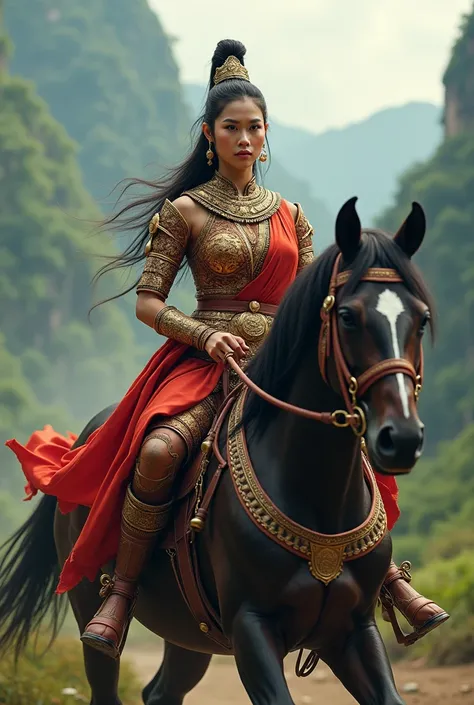 A royal burmese warrior Queen riding royal horse.She dressing like a male  myanmar warrior
