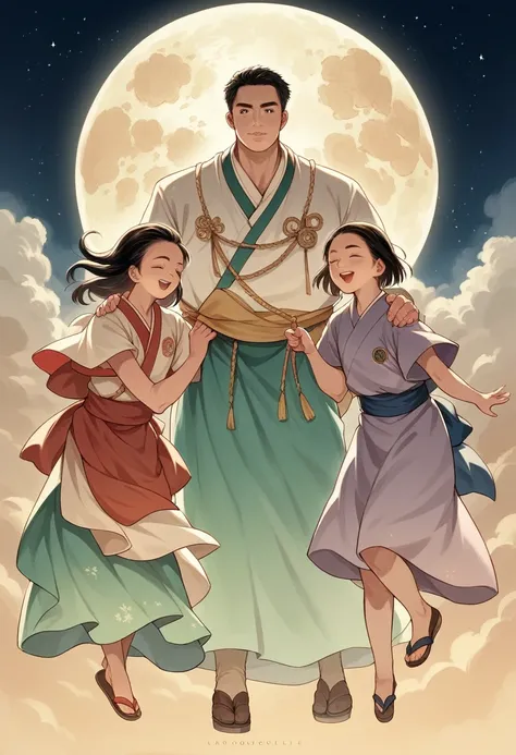 masterpiece, Best image quality, High resolution, Photorealistic, RAW Photos, Full body photo, (night, huge moon floating in the sky :1.4, Set against the backdrop of ancient Japan, Young men and beautiful women, The man puts his hand on her shoulder), Man...