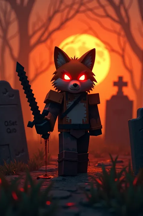 A desolate, orange-hued graveyard at twilight. Tombstones of varying heights and shapes stand tall, their inscriptions weathered by time. A Minecraft fox character, its eyes glowing crimson, stands amidst the graves. Clad in a dark, tattered outfit, it gri...