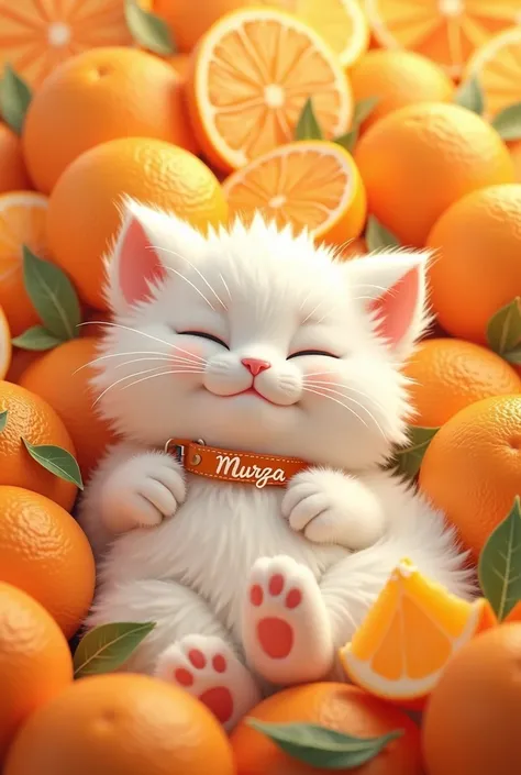 White fluffy cat, in tangerines, with the inscription Murza