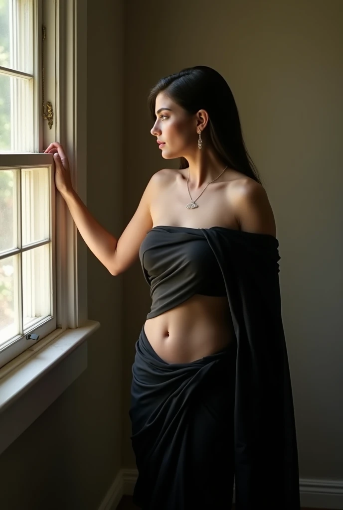 Keylie jenner in black saree showing hips and navel, no loae hair, pinned hair, low quality, poor picture , wall, less color, dark toned picture, sun light throw window, holding window