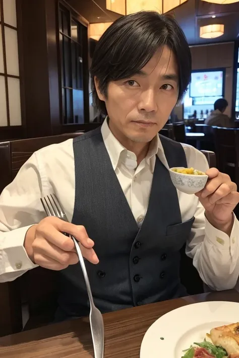 A middle-aged Japanese man sitting in a chair in a restaurant。Looking straight ahead。A slightly worn suit。Holding a fork in the right hand。Knife in left hand。The white plate on the table is empty。live-action。